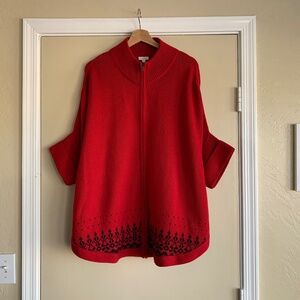 Talbots Red Cardigan Poncho Sweater Sz.L/XL Dolman Sleeve Zip Up Festive Holiday